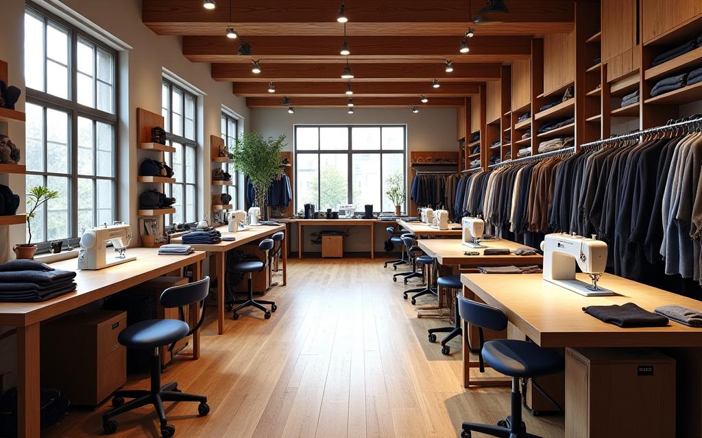 The serene and organized interior of the Steel Loom workshop, with rolls of fabric and tailoring tools visible.