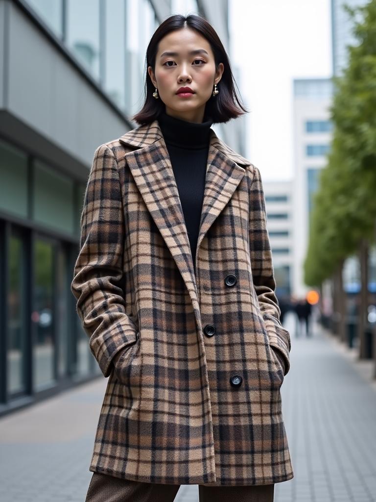 Model wearing a sophisticated plaid overcoat in the Marunouchi business district.