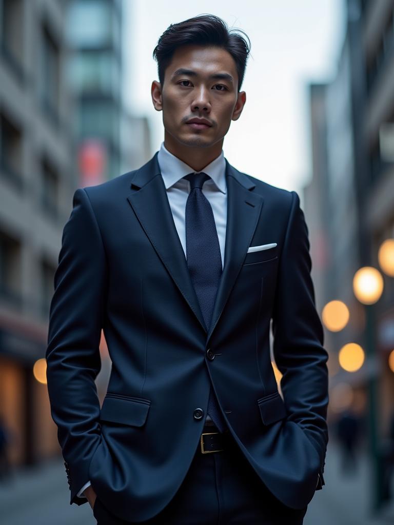 A impeccably dressed man in a Steel Loom bespoke suit standing against a blurred background of Tokyo's Nihonbashi district.