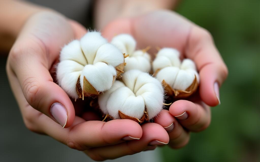 A close-up of a hand holding raw, unprocessed cotton bolls, symbolizing natural and sustainable materials.