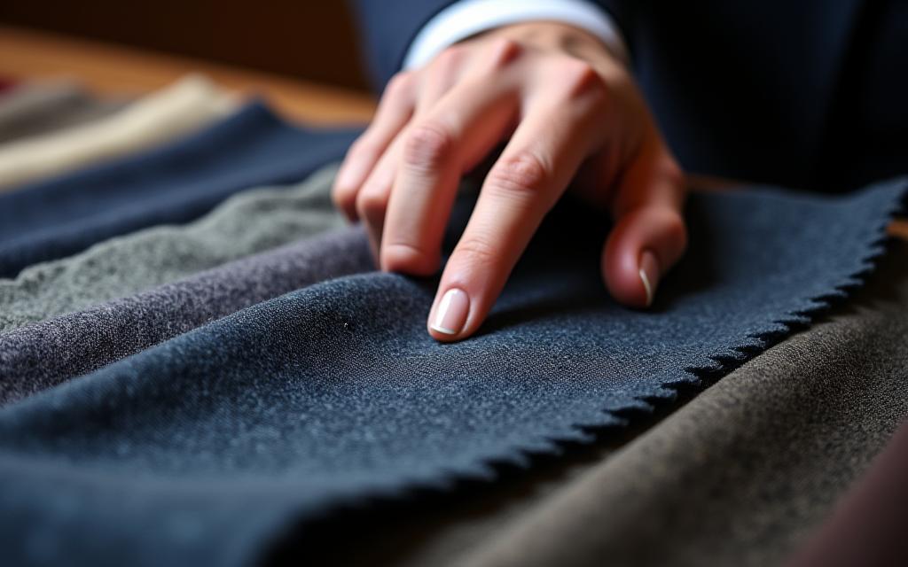 A close-up of a client's hand touching a luxurious wool fabric swatch from a large collection.