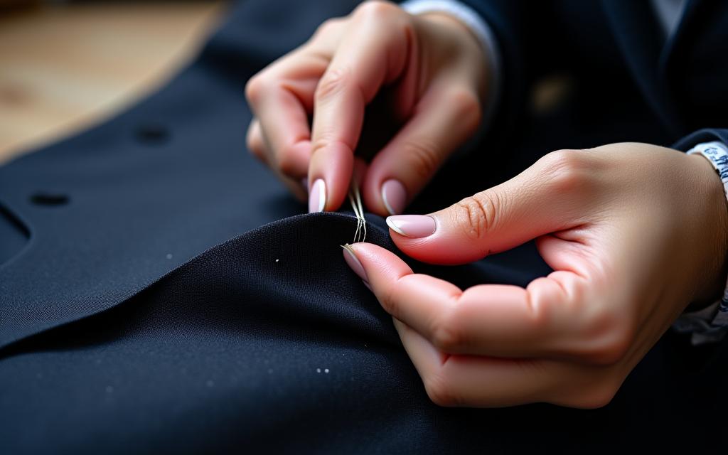 A detailed shot of a seamstress hand-stitching a buttonhole on a suit jacket with extreme precision.