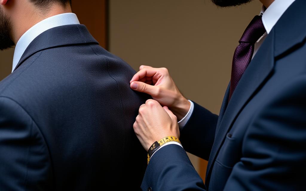 A master tailor carefully taking measurements of a client's shoulder width in a well-lit studio.