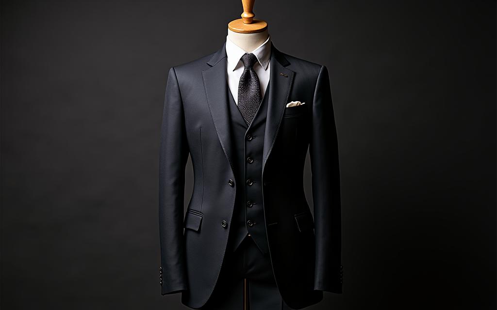A finished bespoke three-piece suit on a mannequin, showcasing perfect tailoring.