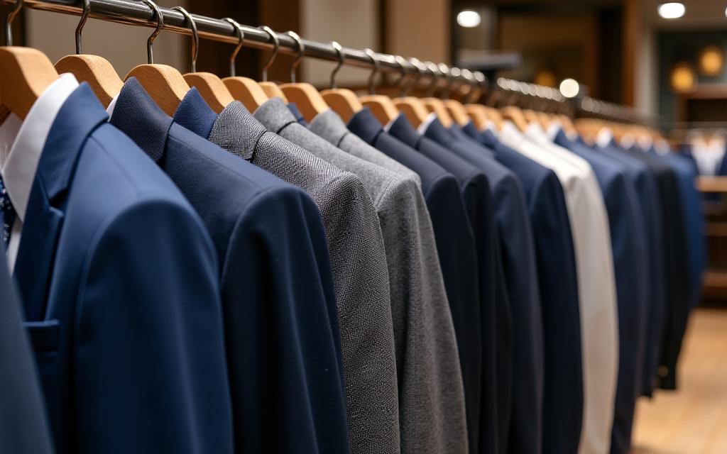 A rack of elegant ready-to-wear suits in various colors and fabrics.